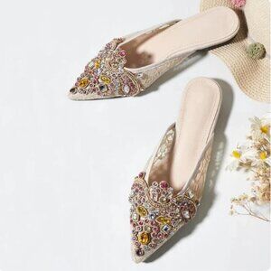 FSJ Elegant Mesh Beige Wedding Shoes Pointed Toe Rhinestone Flat Mules